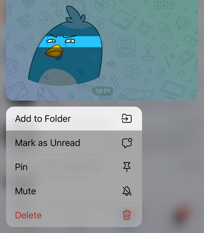 Chat options menu with 'Add to Folder' highlighted.